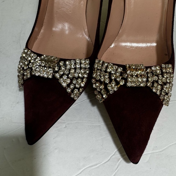 Kate Spade Lissie Hangisi Bow Burgundy Suede  Leather Point Toe Heels Rhinestone - Picture 6 of 16